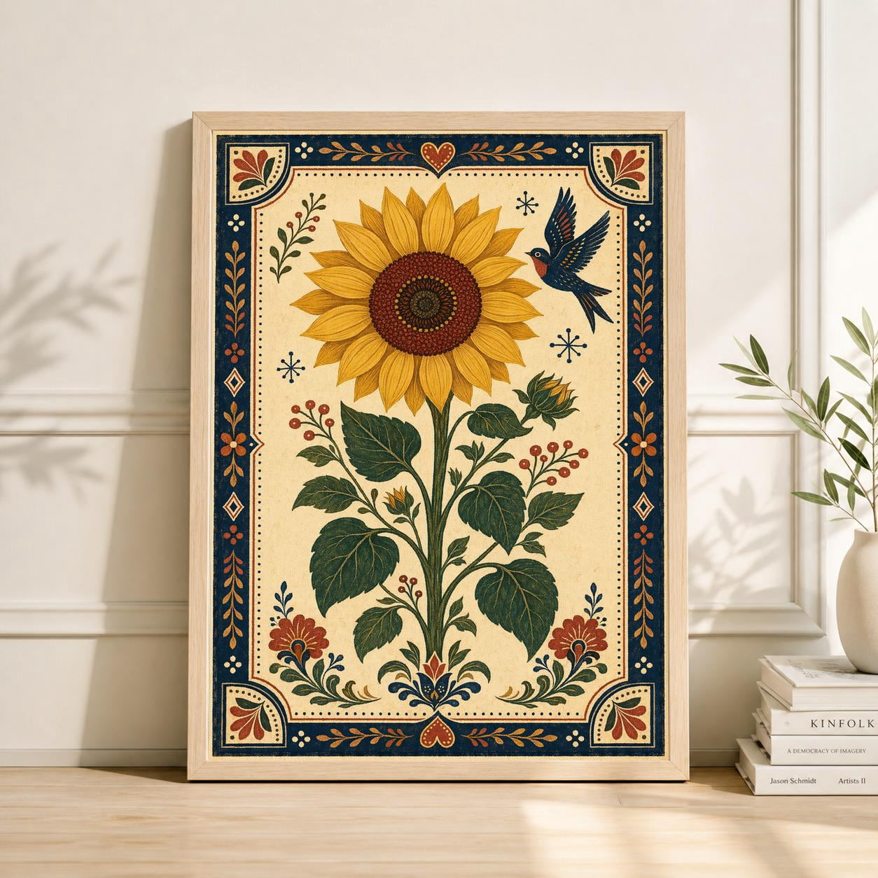 Botanical Folk Sunflower Retro Cottagecore With Bird And Floral Border ...