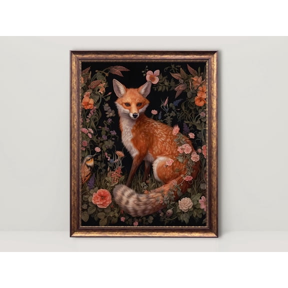 Botanical Fox, Dark Gothic Cottagecore , Dark Academia Poster, Goth Wall Art, Woodland Animal, Witch Decor, Floral Vintage30, Unframed Poster Size 8x12