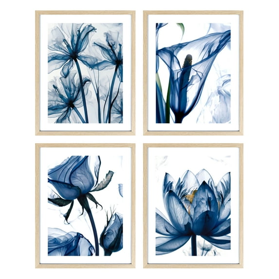 Botanical Framed Prints Wall Art Set of 4,Flowers Plants Framed Wall Art,Blue Tulip X-Ray Flower Wall Art,12x16 Botanical Wall Art with Blue Watercolor Flowers Deckled Edge Print for Bedroom
