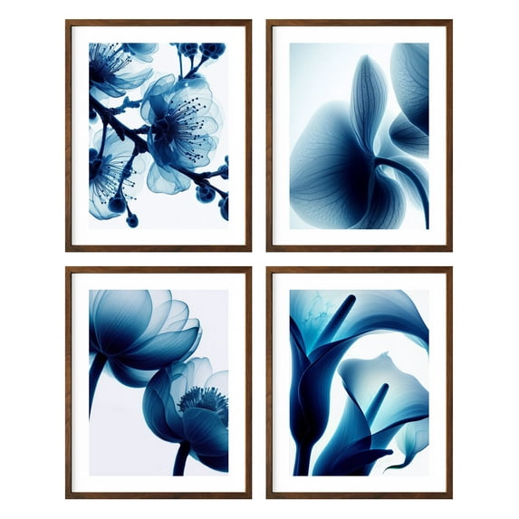 Botanical Framed Prints Wall Art Set of 4,Flowers Plants Framed Wall Art,Blue Tulip X-Ray Flower Wall Art,8x10 Botanical Wall Art with Blue Watercolor Flowers Deckled Edge Print for Bedroom