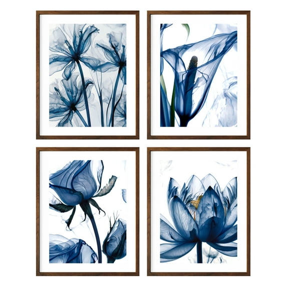 Botanical Framed Prints Wall Art Set of 4,Flowers Plants Framed Wall Art,Blue Tulip X-Ray Flower Wall Art,8x10 Botanical Wall Art with Blue Watercolor Flowers Deckled Edge Print for Bedroom