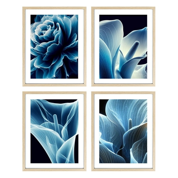 Botanical Framed Prints Wall Art Set of 4,Flowers Plants Framed Wall Art,Blue Tulip X-Ray Flower Wall Art,8x10 Botanical Wall Art with Blue Watercolor Flowers Deckled Edge Print for Bedroom