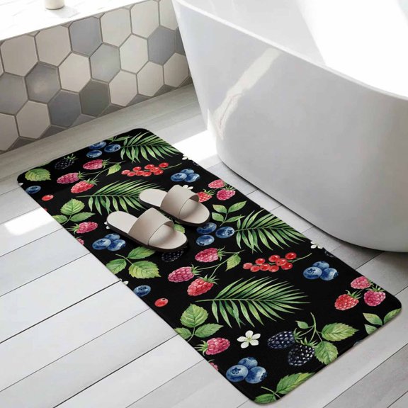 Botanical Fruit Bathroom Runner Rugs Non Slip Washable Absorbent Narrow Long Bath Mat Retro Blueberry Raspberry Leaves Black Runner Rugs for Kitchen Hallway Bedroom Laundry Study Room 19.7"x63"