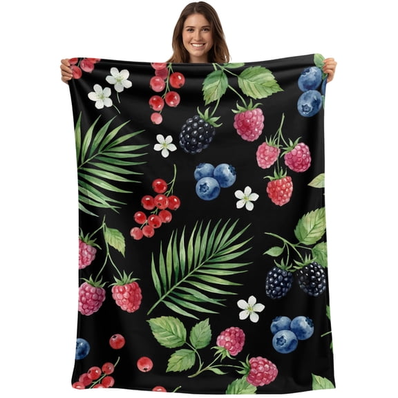 Botanical Fruit Blanket Soft Cozy Warm Throw Blanket for Couch, Plush Fuzzy Flannel Blankets for Sofa, Retro Blueberry Raspberry Leaves Black Bed Blankets Lightweight Gifts for Women, 30"x40"