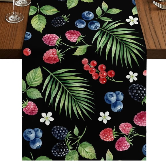Botanical Fruit Burlap Cotton Table Runner 13x108 Inches Long, Retro Blueberry Raspberry Leaves Black Farmhouse Table Runners, Outdoor Dining Table Decor for Baby Shower/Party/Wedding