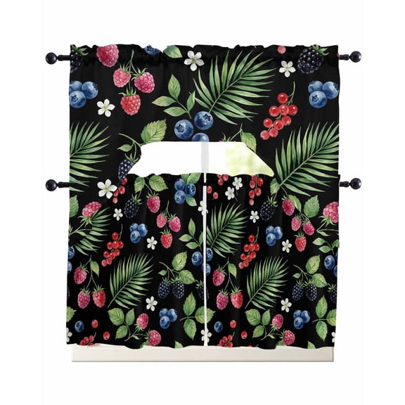 Botanical Fruit Kitchen Curtains Sets 36 Inch Length with Valance, Retro Blueberry Raspberry Leaves Black Swag Valances and Tiers Curtain Set Swag Curtains for Living Room, Bathroom, Bedroom, Cafe