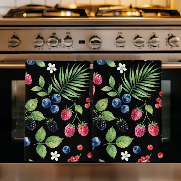 Botanical Fruit Kitchen Towels Set of 4, Retro Blueberry Raspberry Leaves Black Absorbent Dish Towels for Kitchen, Microfiber Hand Towel, Quick Drying Tea Towel for Cleaning Decorative Dishcloths