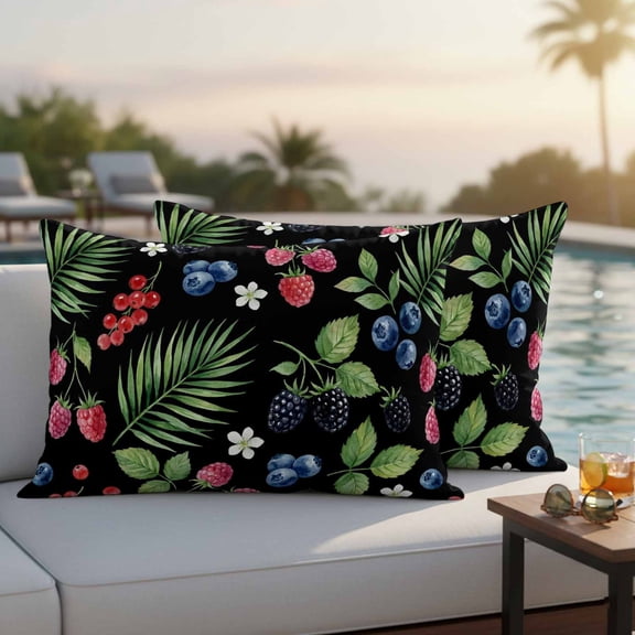 Botanical Fruit Outdoor Pillow Covers 20x12 Inch Lumbar Pillow Covers Set of 2 Waterproof Decorative Throw Pillow Cases Retro Blueberry Raspberry Leaves Black Cushion Covers for Patio Furniture