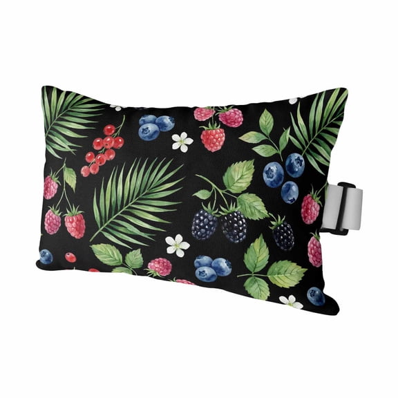 Botanical Fruit Outdoor Pillows for Chaise Lounge Chair Waterproof Lumbar Pillows with Insert&Adjustable Elastic Strap Beach Headrest Pillow Retro Blueberry Raspberry Leaves Black Pool Pillow 11"x16"