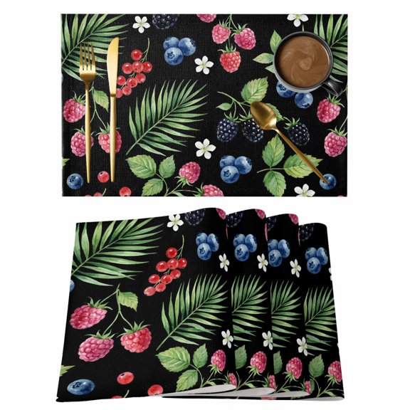 Botanical Fruit Placemats Set of 8 Retro Blueberry Raspberry Leaves Black Place Mats Indoor Wipeable Table Mats Washable Cloth Dining Table Placemats for Kitchen Holiday Party Home Decor 13x19 Inch