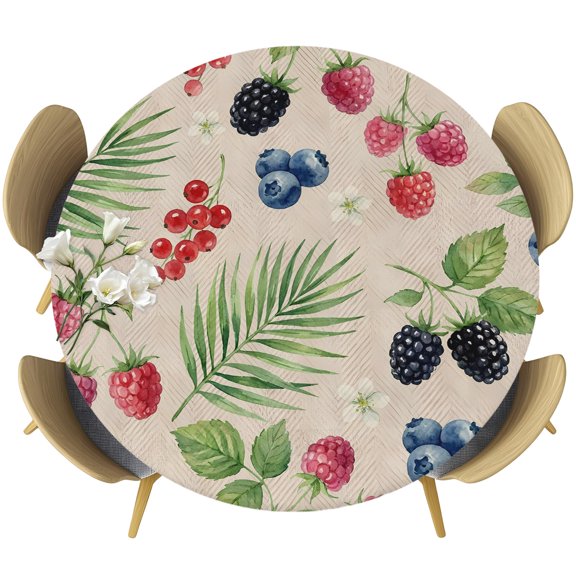 Botanical Fruit Round Tablecloth 36-44 Inch Round Fitted Table Cloth with Elastic Edge, Vintage Summer Blueberry Raspberry Leaves Waterproof Table Cover Protector for Outdoor Picnic Party Dining