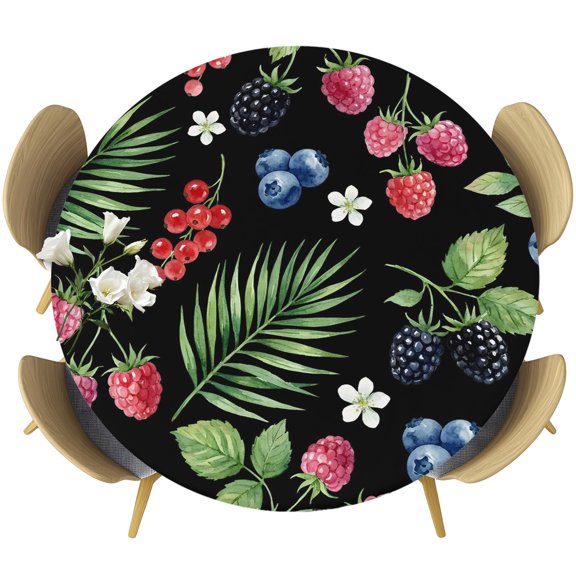 Botanical Fruit Round Tablecloth 45-54 Inch Round Fitted Table Cloth with Elastic Edge, Retro Blueberry Raspberry Leaves Black Waterproof Table Cover Protector for Outdoor Picnic Party Dining
