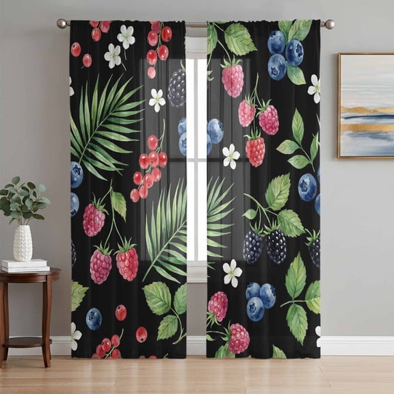 Botanical Fruit Sheer Curtains 84 Inch Length 2 Panels Set, Retro Blueberry Raspberry Leaves Black Voile Window Treatment Rod Pocket Curtains Sheers Drapes for Bedroom/Living Room/Kitchen 52"x84"x2