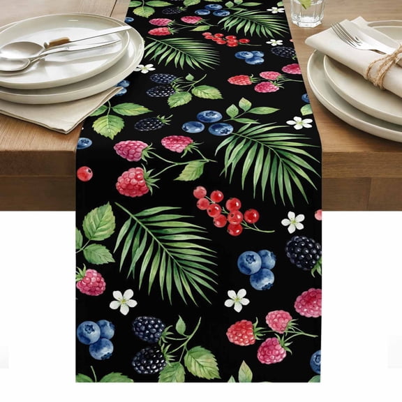 Botanical Fruit Table Runner Retro Blueberry Raspberry Leaves Black Tablerunners 13 x 60 Inch, Table Decorations Tabletop Scarf for Summer Gathering Holiday Farmhouse Kitchen Dining Decor