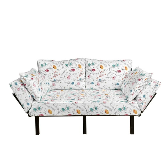 Botanical Futon Couch, Carnation Lily Summer Blooming Garden Petals Branches Anemone Pattern, Daybed with Metal Frame Upholstered Sofa for Living Dorm, Loveseat, Multicolour, by Ambesonne