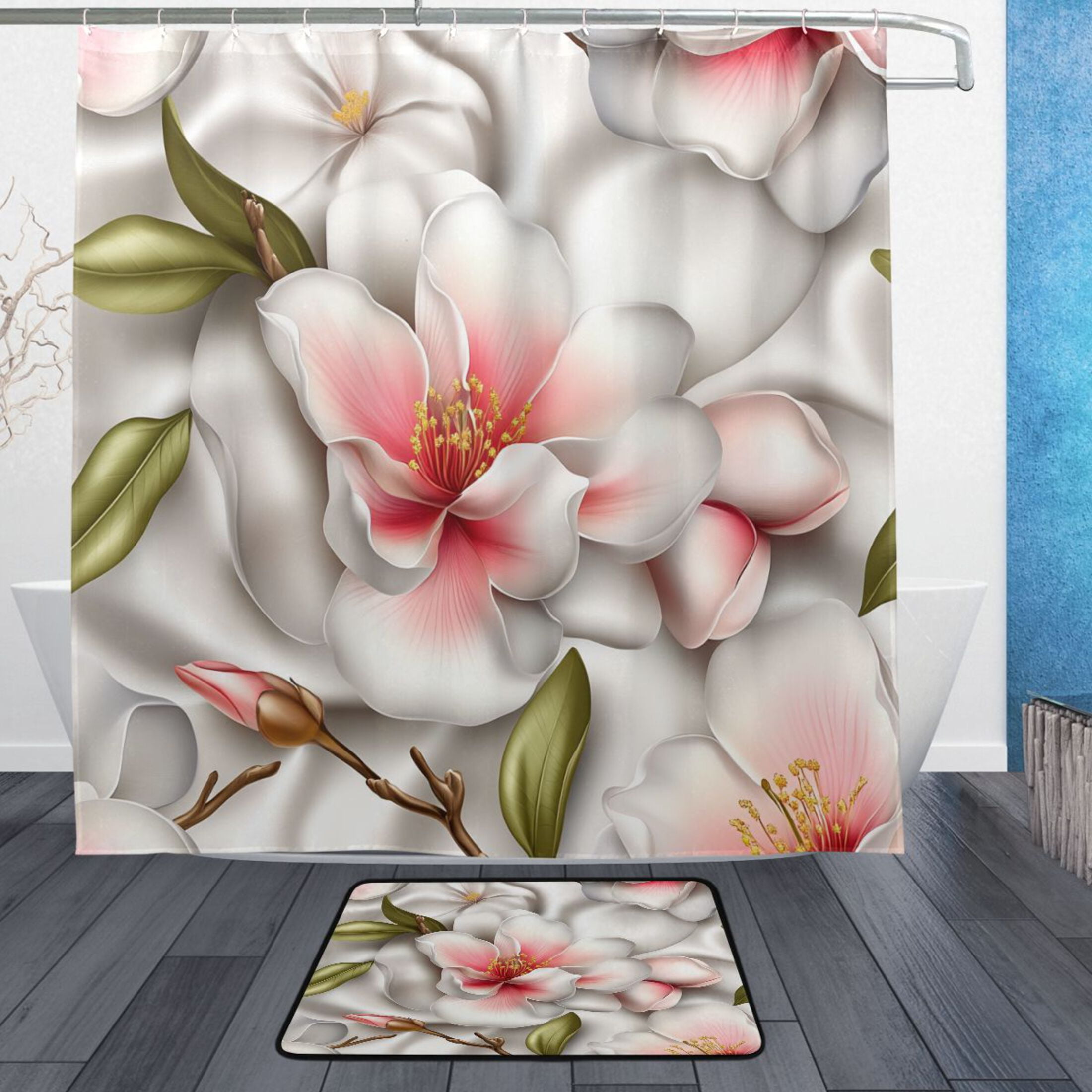 Botanical Garden Design Bathroom Accessory Sets Waterproof Shower Curtain with Anti-Slip Bath Mat Durable Combo