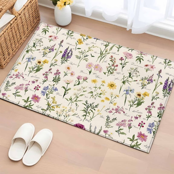 Botanical Garden Florals Bathroom Rug Washable 2x3 Entryway Rug Non Slip Spring Watercolor Wildflowers Front Door Mat Low Pile Indoor Doormat Throw Floor Carpet for Kitchen Bedroom Entrance