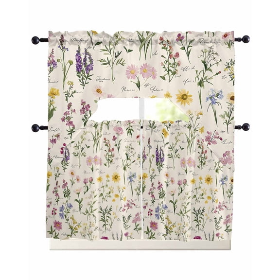 Botanical Garden Florals Kitchen Curtains Set for Windows 3 Piece Cafe Curtains 36 Inch Length Swag Curtains Valances and Tier Set Spring Watercolor Wildflowers Drapes for Bedroom Bathroom