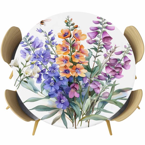 Botanical Garden Florals Round Tablecloth 36-44 Inch Round Fitted Table Cloth with Elastic Edge, Spring Leaves Waterproof Table Cover Protector for Outdoor Picnic Party Dining