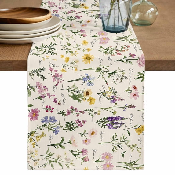 Botanical Garden Florals Table Runner, Spring Watercolor Wildflowers Washable Cotton Linen Table Runners 90 Inches Long, Dresser Scarf Runner for Dining/Coffee/Kitchen/Hallway Tables 13''x90''