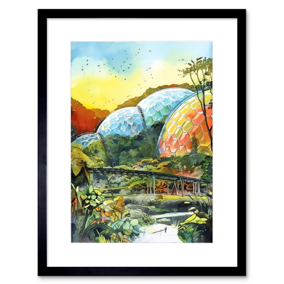 Botanical Garden Greenhouse Domes at Sunrise Modern Watercolour Painting Artwork Framed Wall Art Print 9X7 Inch
