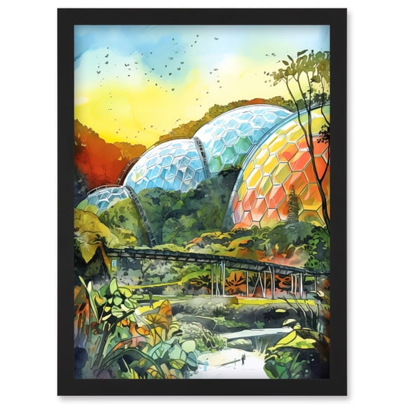 Botanical Garden Greenhouse Domes at Sunrise Modern Watercolour Painting Artwork Framed Wall Art Print A4