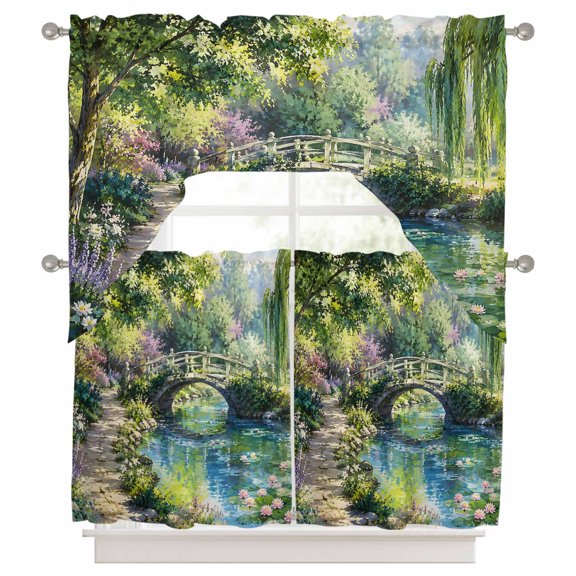 Botanical Garden Kitchen Curtains Swag Valance and Tier Curtains Set 36 Inch Length, Flowers River Willow Tree Country Rod Pocket Drape Panels Pair Swag Curtains for Bathroom/Cafe/Window