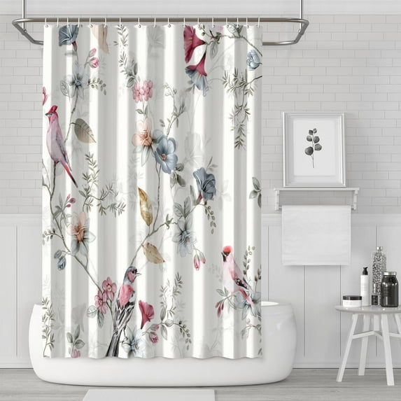 Botanical Garden Shower Curtain - Artistic Floral Design with Hummingbirds, Vintage Aesthetic, 72x72 Inches