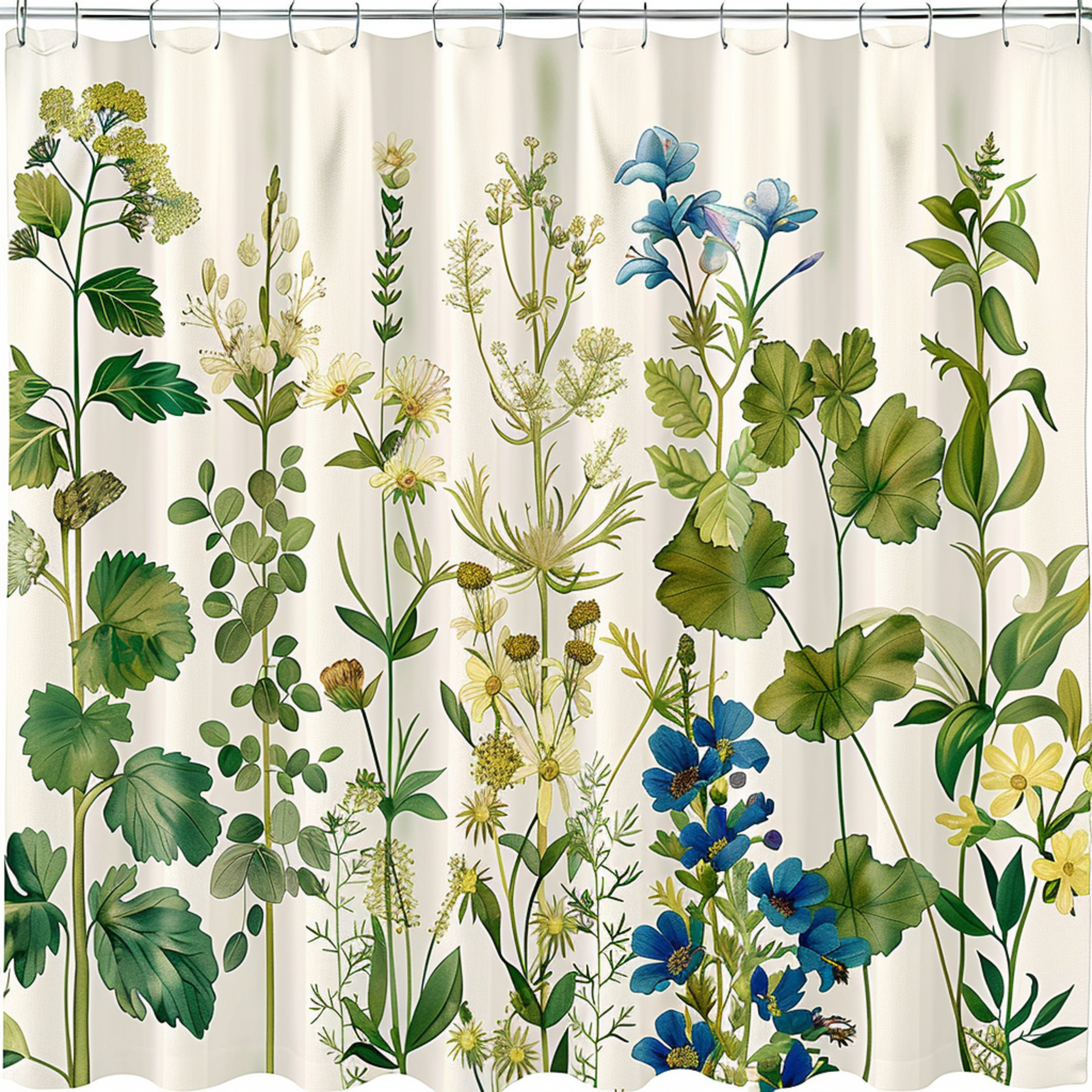 Botanical Garden Shower Curtain Green Leaves Blue Flowers White Blooms ...
