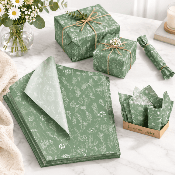 Botanical Gift Wrap Tissue Paper, 20 x 14 Inch, 100 Count, Sage Green Leaf Design