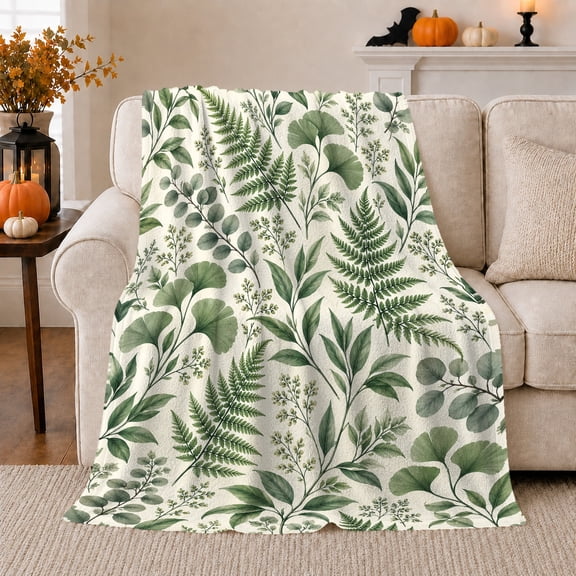 Botanical Ginkgo Fern Watercolor Autumn Couch, Cozy Botanical Scene, Warm Flannel Blanket for Sunroom and Reading Nook, Garden Lovers Thanksgiving Gift, Botanical Home Decor