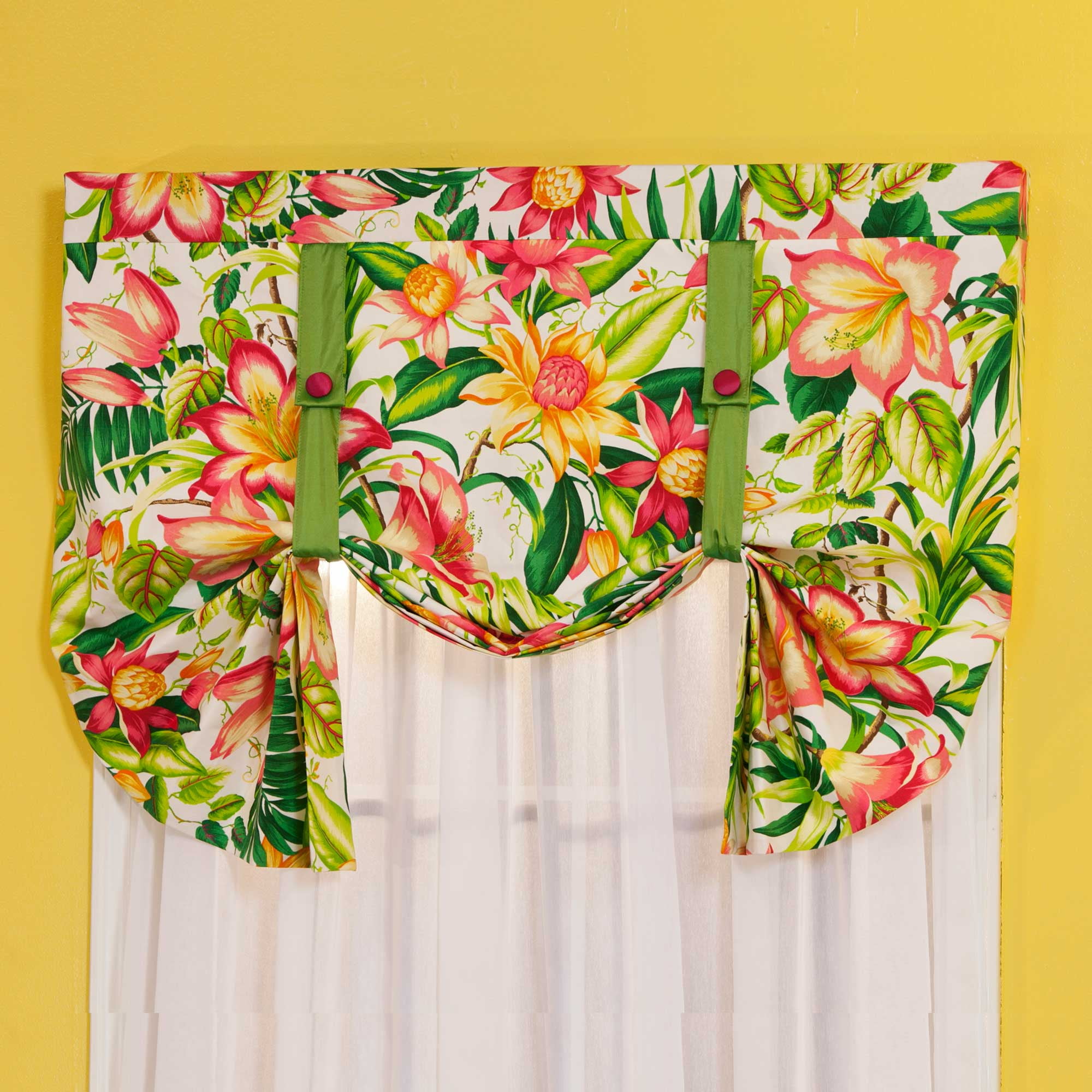 Botanical Floral Cotton Tie-Up Valance with Green Accents