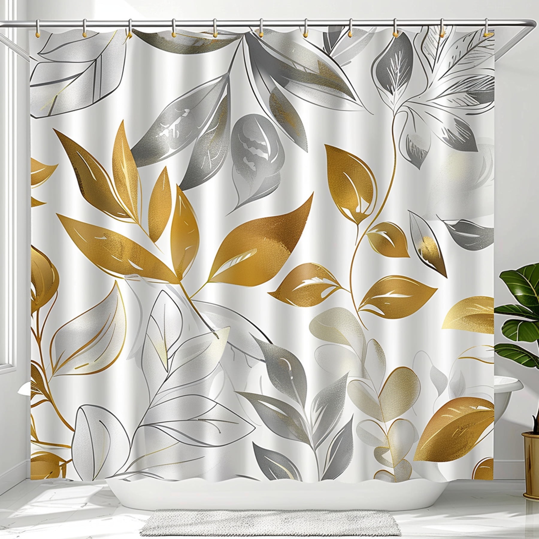 Botanical Gold Leaf Shower Curtain with White and Grey Leaves Bathroom Decor with Detailed