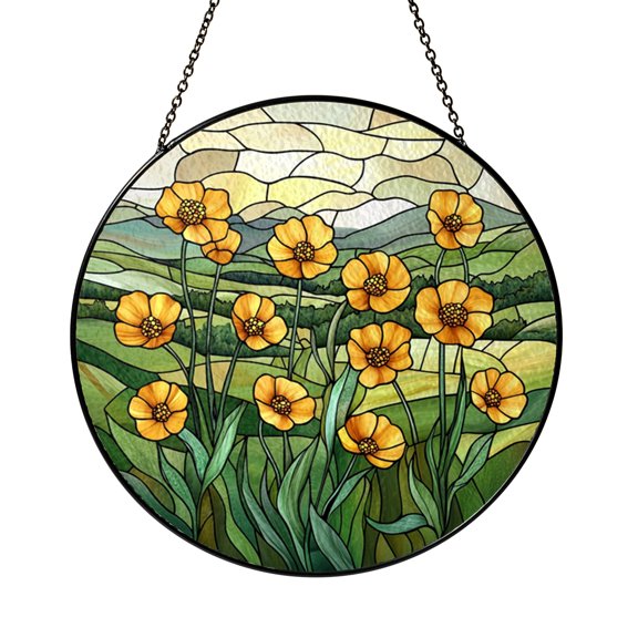 Botanical Goldenrod Flower Stained Glass Suncatcher Window Art, Nature Meadow Sun Catcher Decor for Home Window Display