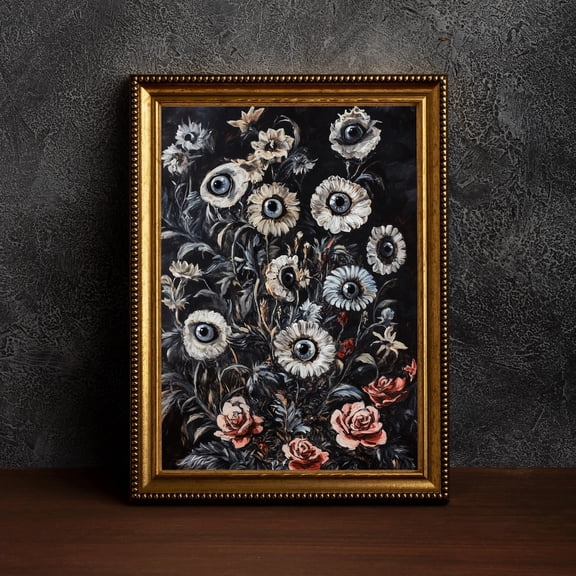 Botanical Goth Creepy Surreal Cottagecore Art Moody Wall Art Dark Botanical Dark Academia Floral Dark Floral Art Eye Flowers Style One, Unframed Paper Print