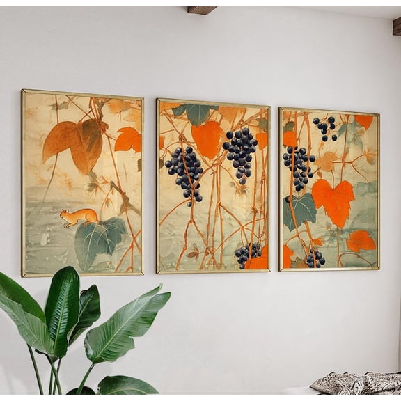Botanical Grapevine Japanese Ink Prints Home Decor Office Wall Art Set 3