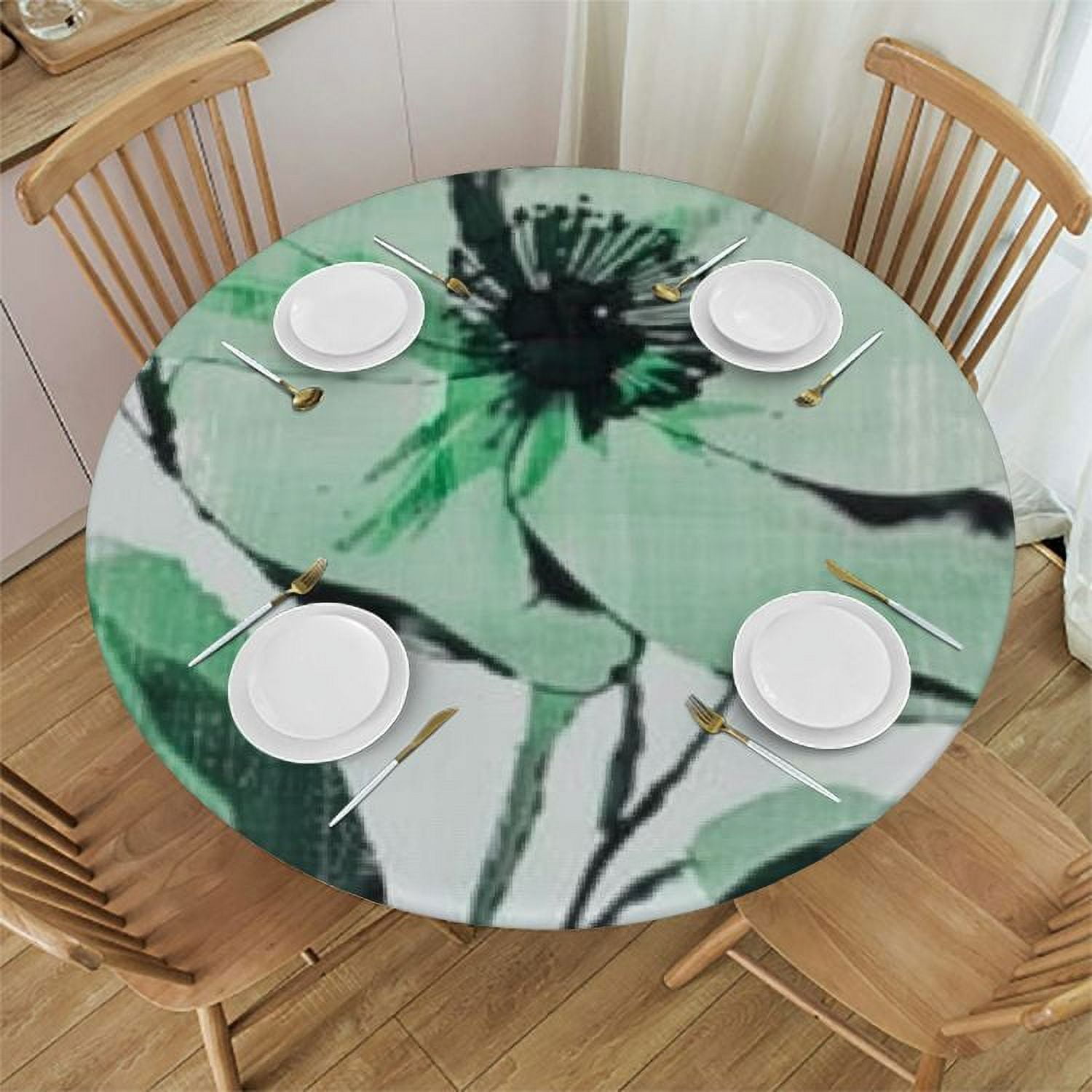 Botanical Green Flower Round Tablecloth Fitted Table Cover, Elastic