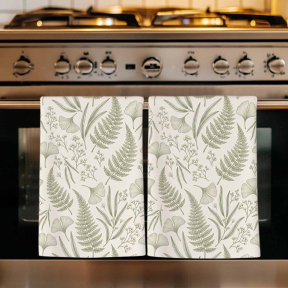 Botanical Green Kitchen Towels Set of 2, Farmhouse Vintage Country Plant on Linen Absorbent Dish Towels for Kitchen, Microfiber Hand Towel, Quick Drying Tea Towel for Cleaning Decorative Dishcloths