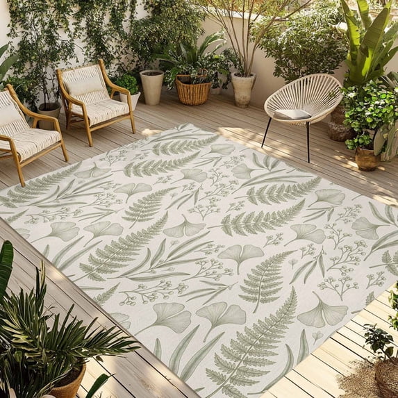 Botanical Green Outdoor Rug for Patio/Deck/Porch, Non-Slip Large Area Rug 3 x 5 Ft, Farmhouse Vintage Country Plant on Linen Indoor Outdoor Rugs Washable Area Rugs, Camping Rug Carpet Runner