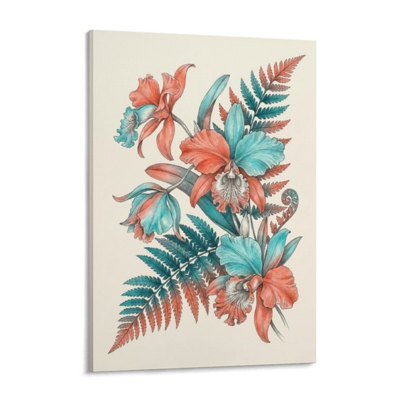 Botanical Hand-Drawn Orchid And Fern Leaf Composition Modern Canvas Wall Decor, High-Definition Digital Print Artwork for Home & Office