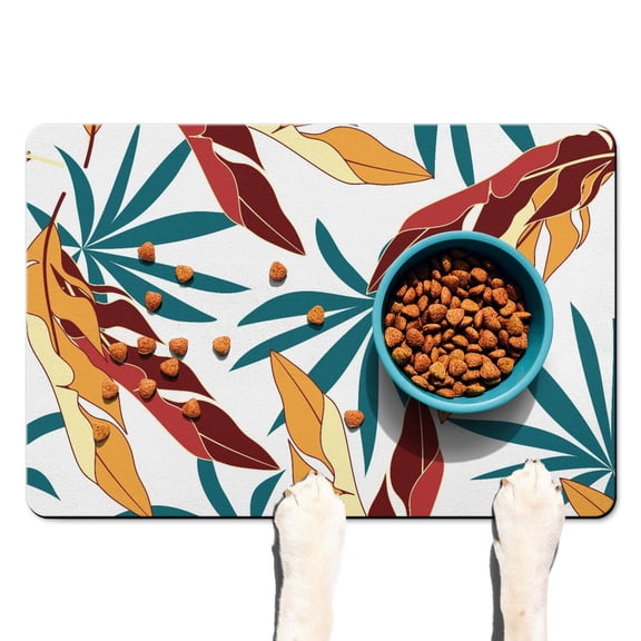 Botanical Hawaiian Dog Bowl Mat - Tropical Plant Pet Feeding Mat - Absorbent & Waterproof - Non-Slip Base - Colorful Exotic Design - Large Size - For Messy Eaters