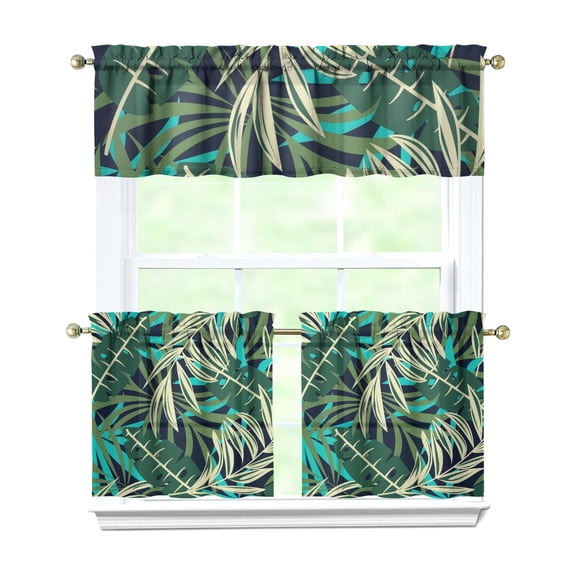 Botanical Hawaiian Kitchen Curtains Set - Palm Leaf Rod Pocket Window Treatment Panels