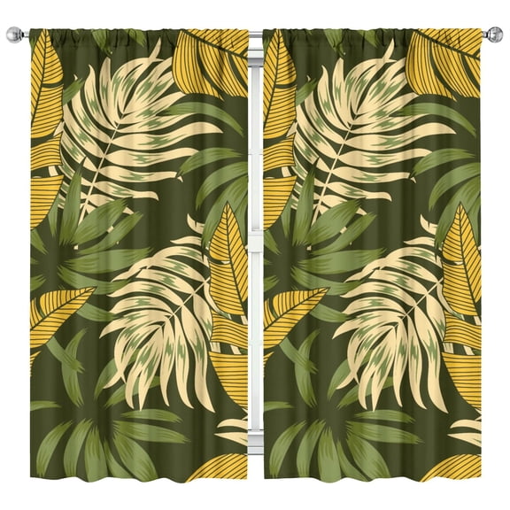 Botanical Hawaiian Leaf Kitchen Curtains - Set of 2, Tropical Jungle Leaves Design, Rod Pocket, 42x84 Inch, Easy Installation