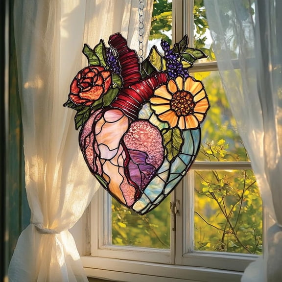 Botanical Heart Stained Glass Decor  Handmade Love & Nature Gift