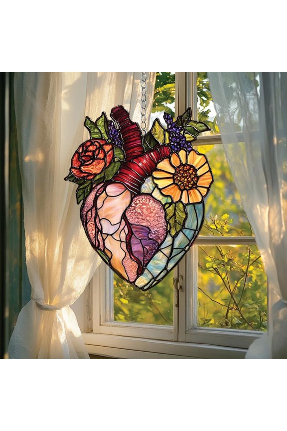 Botanical Heart Stained Glass Decor  Handmade Love & Nature Gift