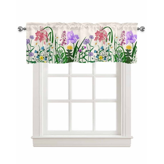 Botanical Herb Linen Curtain Valance for Bedroom/Bathroom/Kitchen/Office/Living/Dining Room Window,Vintage Flower Watercolor Floral Leaves Rod Pocket Topper Decorative Cafe Drapes Panel 60"x18"