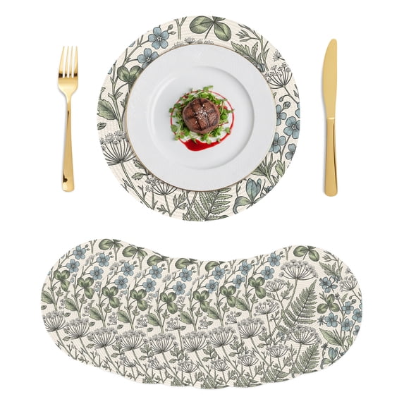 Botanical Herbs Vintage Round Placemats Set of 8 Green Floral Leaves ...