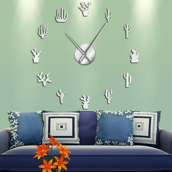 Botanical Home Decor Cactus Large DIY Wall Clocks Desert Cactaceae Frameless Big Time Watch With Succulents Mirror Number Sticker(Silver,27inch)