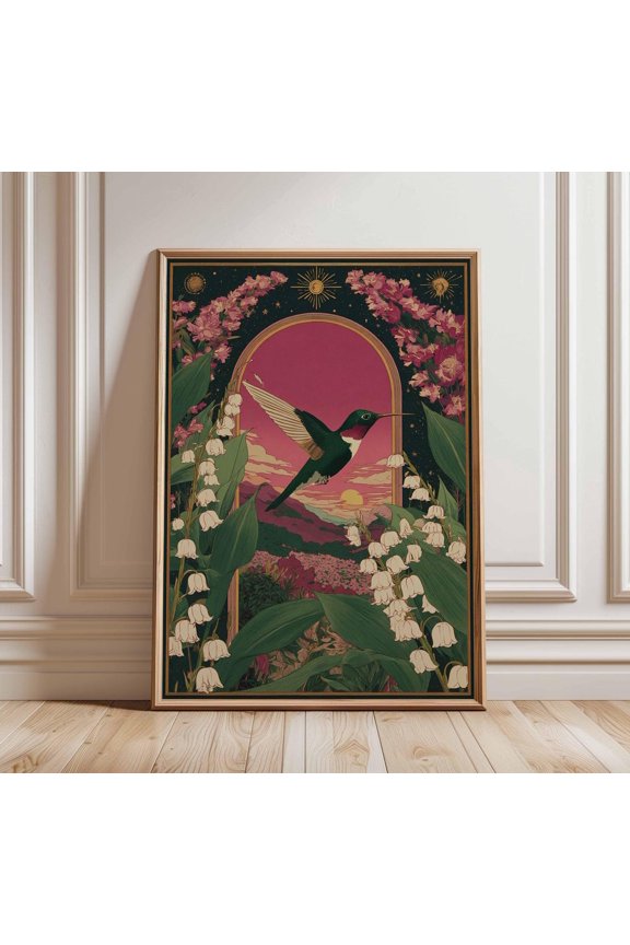Botanical Hummingbird Cottagecore Vintage Goth Dark Academia Witchy Art Unframed Paper Print