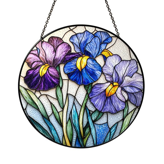 Botanical Iris Stained Glass Suncatcher, Round Window Hanging with Graceful Floral Pattern